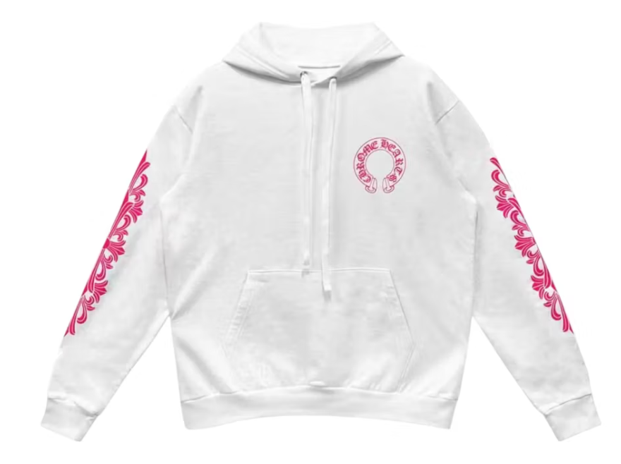Chrome Hearts Pink Horseshoe Floral Sleeve Pullover Hoodie White