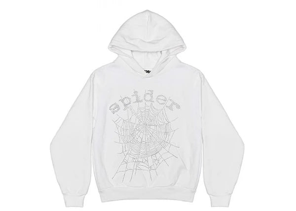 Sp5der OG Rhinestone Logo Hoodie White
