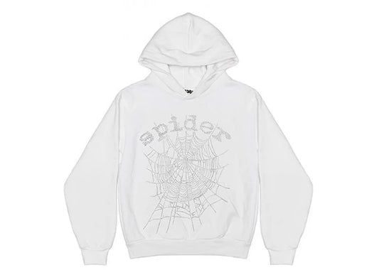 Sp5der OG Rhinestone Logo Hoodie White