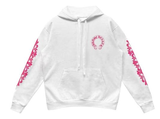 Chrome Hearts Pink Horseshoe Floral Sleeve Pullover Hoodie White